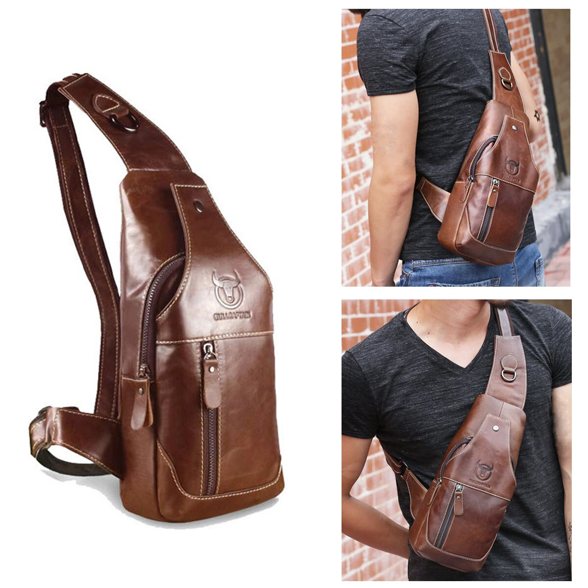 (image for) BULLCAPTAIN Men Genuine Leather Wear Resisting Textured Business Casual Brown Black Chest Bag Shoulder Crossbody Bag
